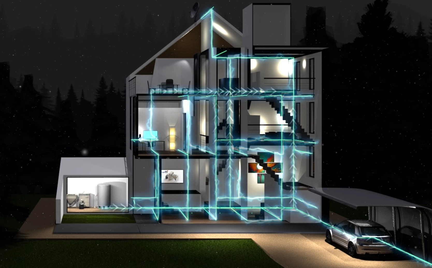 Schema eines energieautarken Hauses mit Speichersystemen, Energieerzeugung und Versorgung der Haushaltsverbraucher.
