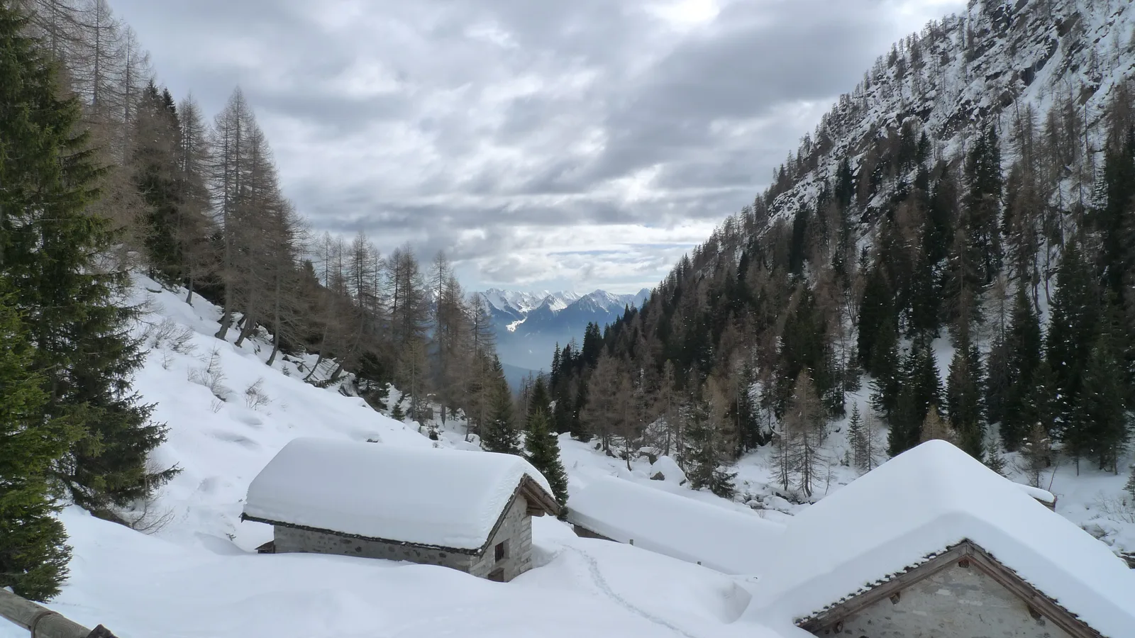 Isolated mountain hut with a biomass micro-cogenerator producing electricity and heat in winter.